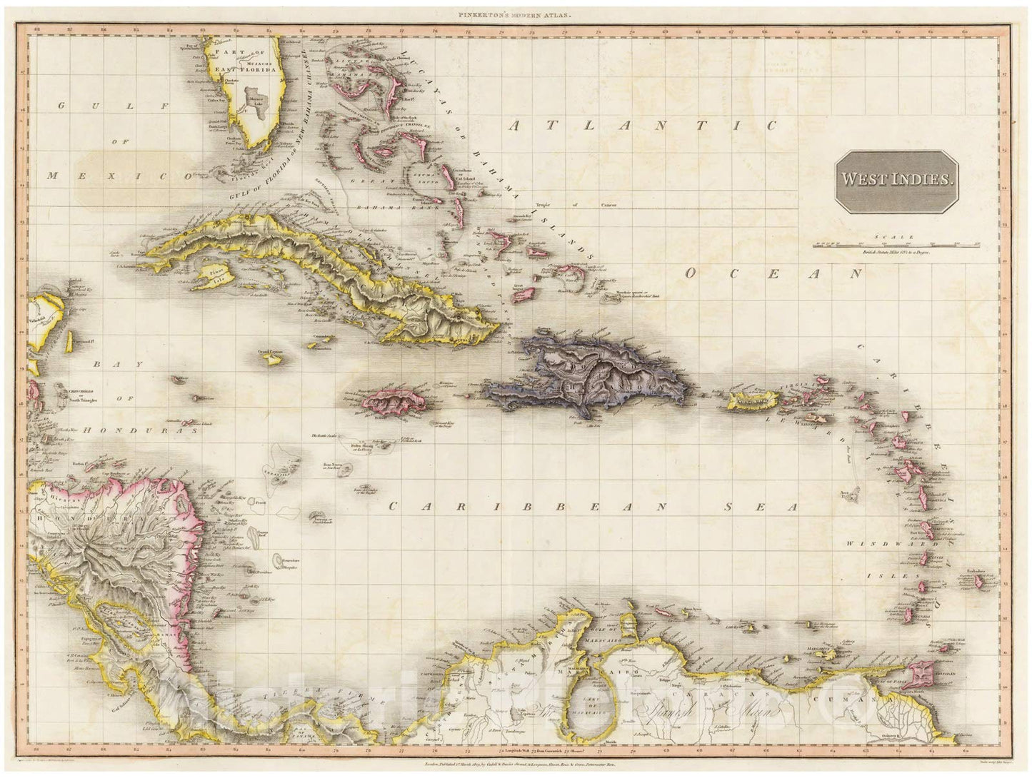 Historic Map : Pinkerton Map of The West Indies, Antilles, and Caribbean Sea, 1818, Vintage Wall Art : 24in x 32in