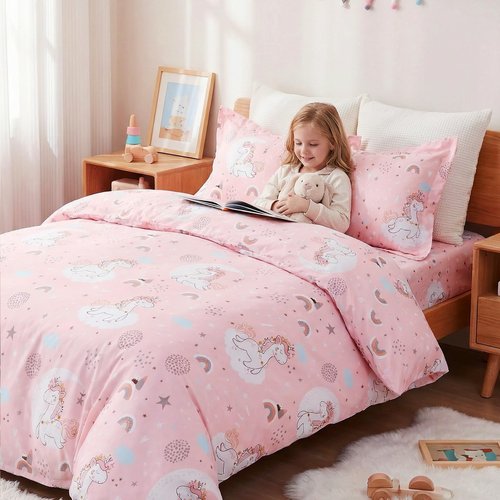 JSD Pink Unicorn Kids Duvet Cover Set Twin Size, 2 Piece Girls Print Microfiber Comforter Cover with Pillow Sham Zipper Closure, Comforter Not Included