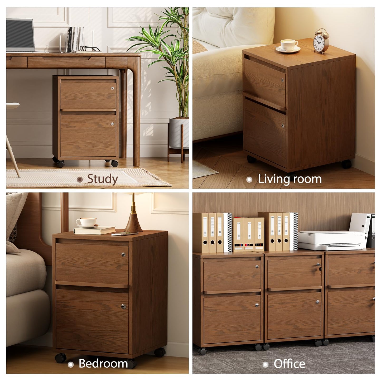 KungFuWood Wheeled Double-Drawer Filing Cabinet, Lockable Metal Filing Cabinet, Suitable for Home Offices or Storage cupboards for Storing Legal documents or Letter-Sized Files.