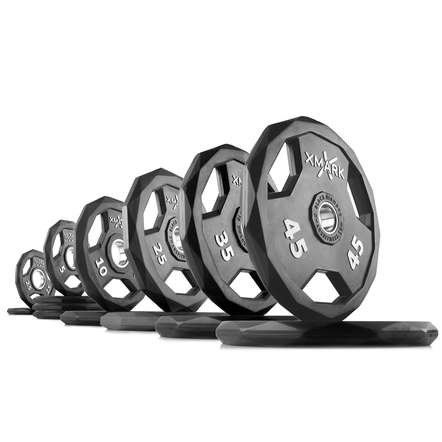 XMARK Black Diamond 255 LB Set Olympic Weight Plates 2-Inch, Rubber Barbell Plates with Tri-Grip Handles for Home Gym Strength Training
