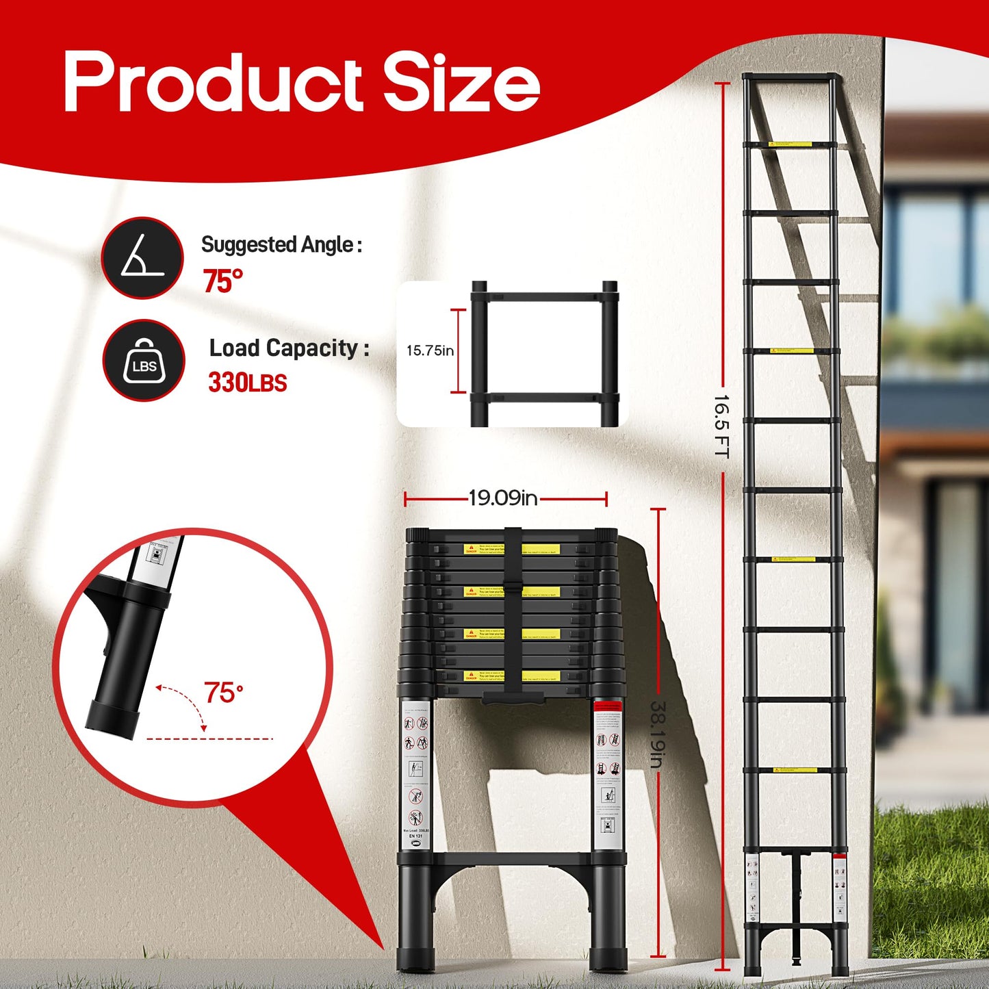 SEEKNEW 16.5 FT Telescoping Ladder, Aluminum Extension Ladder, 330 lbs Capacity with Triangular Stabilizers, Portable Collapsible Ladder for Roof, Home and RV; Black
