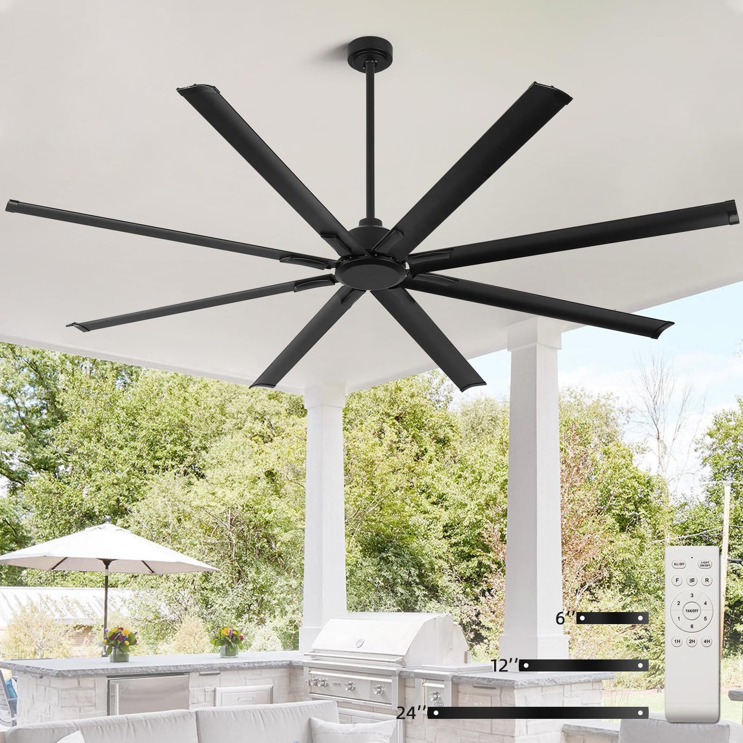 YYEHON 96 Inch Large Industrial Ceiling Fan no Lights, Reversible DC Motor, 3 Downrods, 6 Speed Remote Control, 8 Aluminum Blades, Outdoor Black Fans for Shop/Gym/Warehouse/Garage