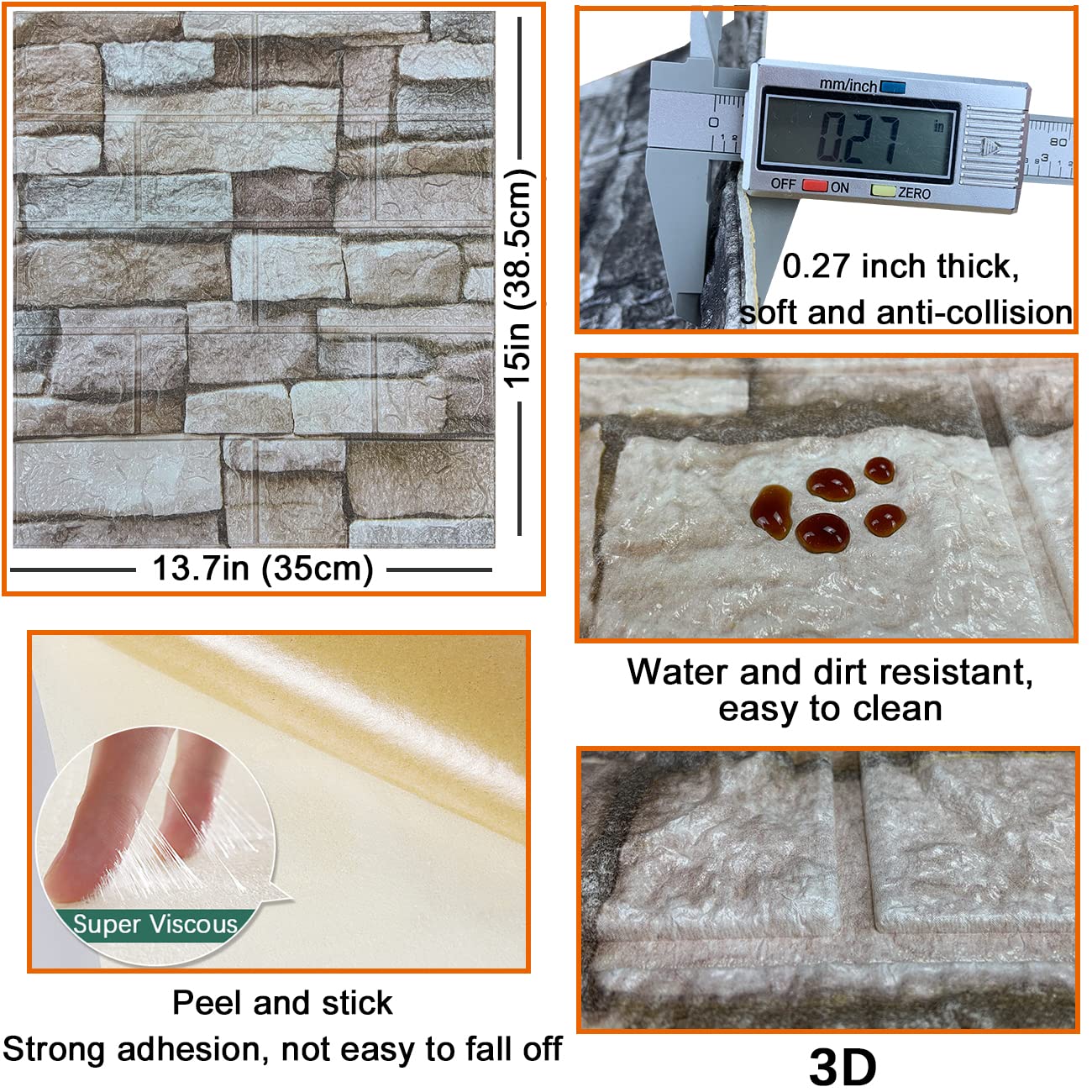 10PCS 3D Wall Panels Peel and Stick 3D Brick Wallpaper Peel and Stick Faux Stone Wall Panel Foam Brick Self-Adhesive Wallpaper (Rock,10pcs)