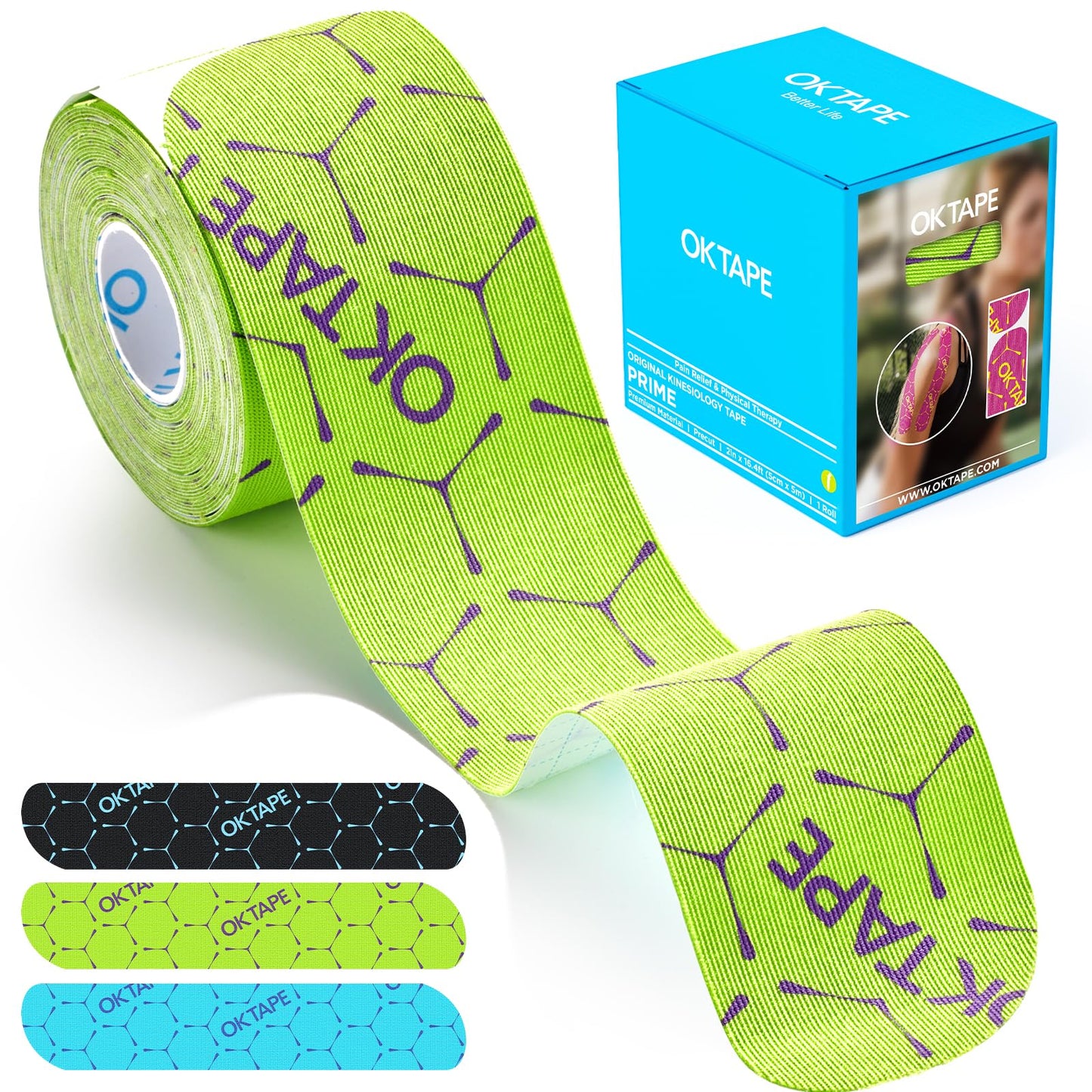 OK TAPE Synthetic Kinesiology Tape Precut Strips, Waterproof Elastic Athletic Tape for Pain Relief & Muscle Support, Targeted Recovery, 2in×16.4ft Roll, 20 PCS -Green