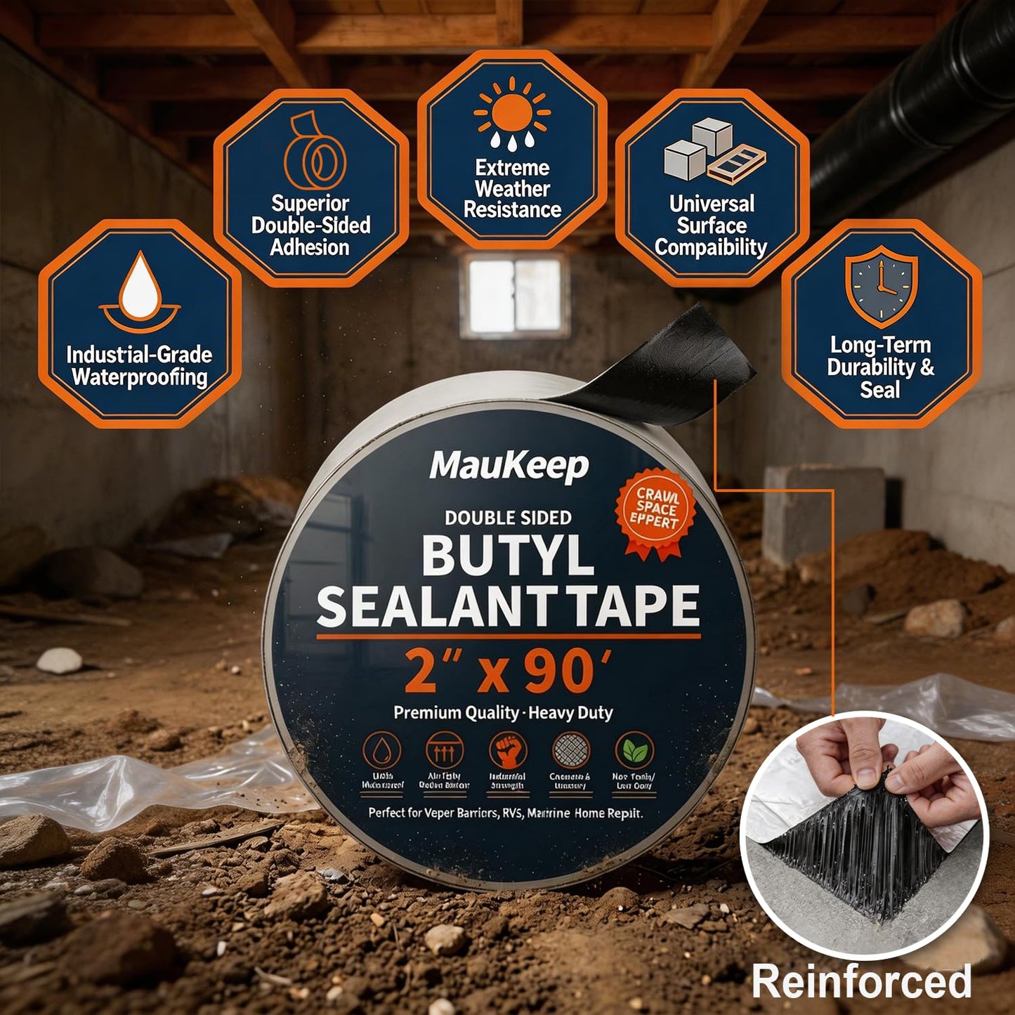 Double Sided Foundation Butyl Sealant Tape (2" x 90FT ) & 600pcs Christmas Tree Fasteners for Crawl Space Encapsulation, Waterproof Vapor Barrier Wall Seal, Double Secure Permanent Fastening Set