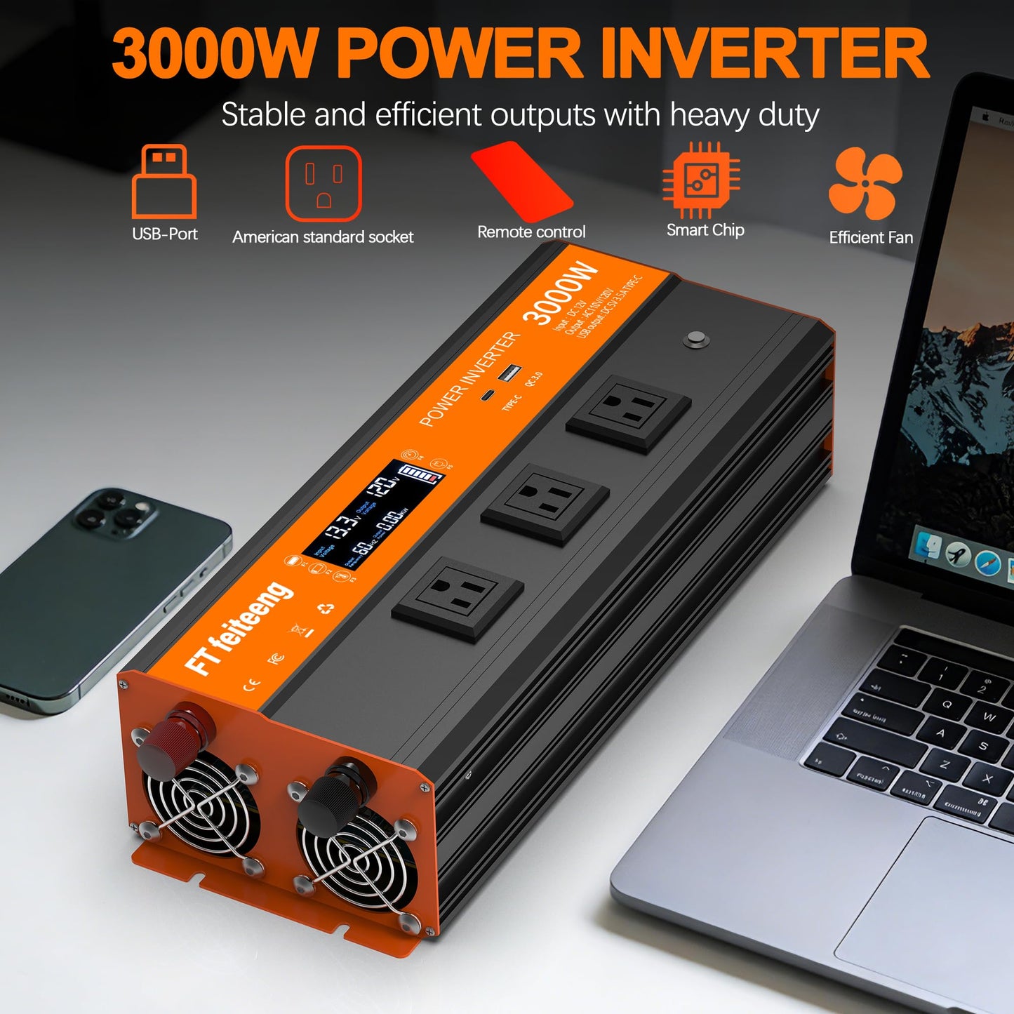 3000W Power Inverter, 12v DC to 120v Ac Inverter, Power Inverters for Vehicles with LCD Display, 3AC Sockets and USB-C & QC 3.0 Port with Remote Control for Camping Home Truck Rv Solar System
