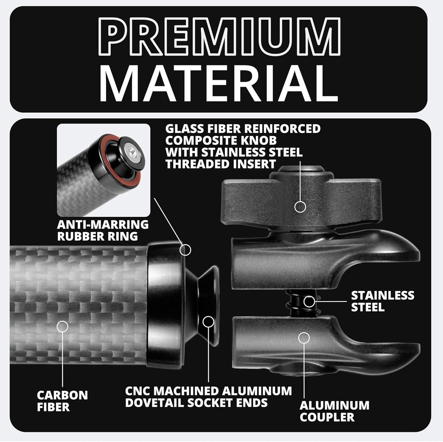 5" 20mm 20 20mm Tackform Long Ball and Socket Arm DuraLock Series Carbon Fiber Arm | Dual Sockets with Optional