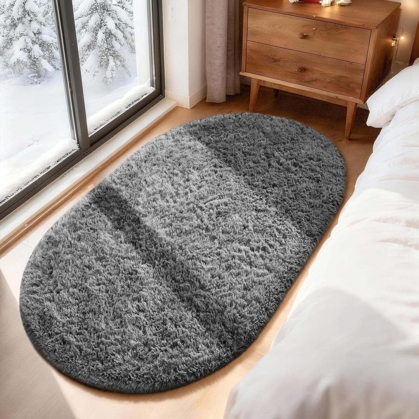 Ophanie 3x5 Oval Rug - Non-Slip Grey Area Rug for Bedroom & Dorm | Fluffy Home Decor Essentials