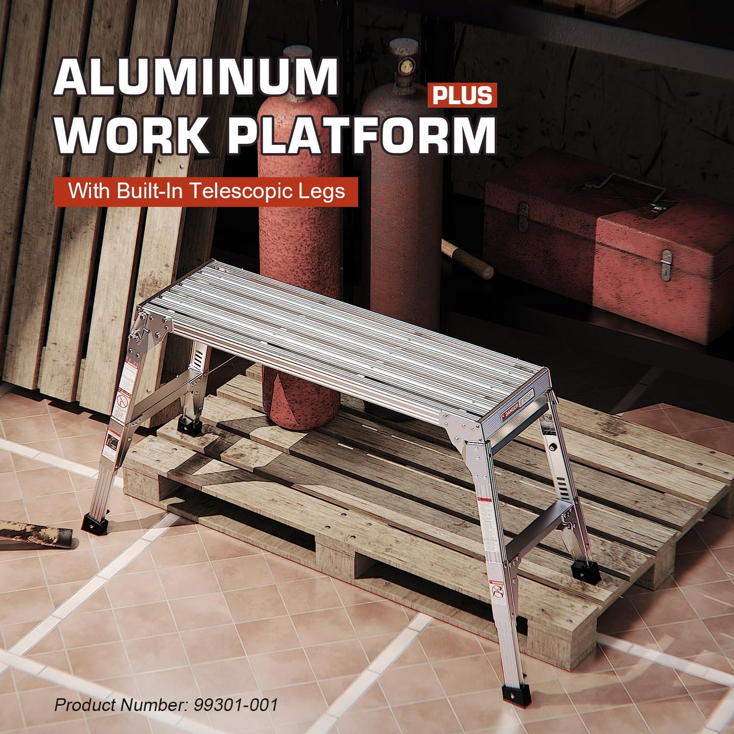 Aluminum Work Platform Height Adjustable Folding Portable Work Bench, Step Ladder Car Wash Step Stool, Telescopic Feet 22" -27.5" Height for Painting, Washing, Suitable for Home, Garage