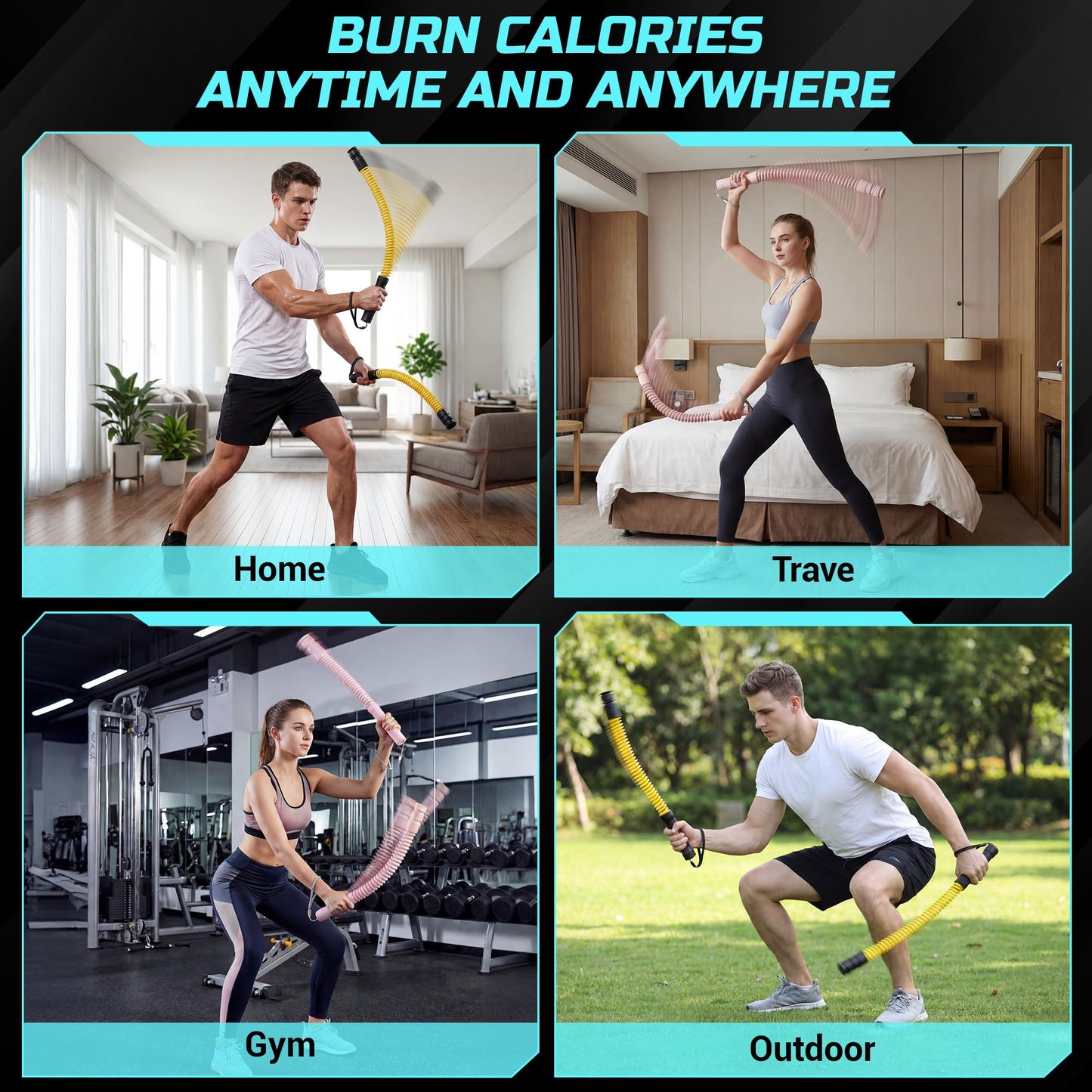 Cordless Battle Ropes for Home Gym & Apartment-Portable Ropeless Battle Ropes with 3 Adjustable Resistance Levels for Strength Training, HIIT & Full Body Exercise Includes Workout Guide & Storage Bag