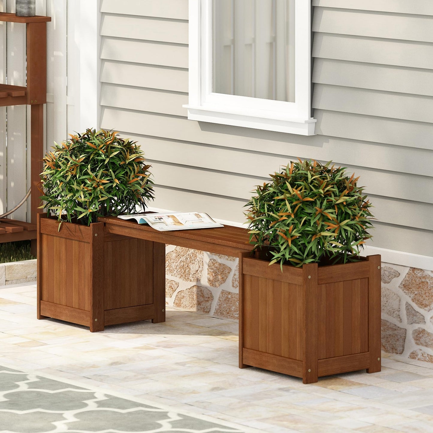 Furinno TIOMAN Planter Box with Bench, Hardwood Flower Box with Seat, Cube Garden Box, in Teak Oil, Outdoor Indoor, Garden, Patio, Balcony, Light Wood