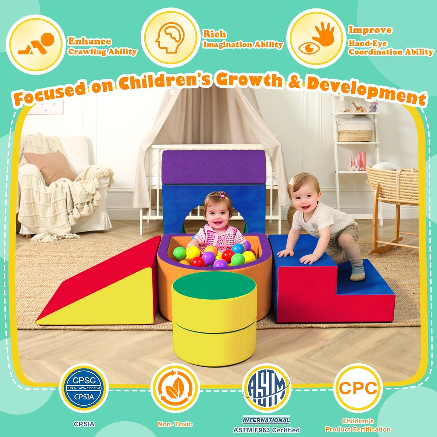 JUOIFIP 6 Pieces Toddler Climbing Toys Indoor, Crystal Velvet Foam Climbing Blocks for Toddlers 1-3, Baby Climbing Toys Soft Play Set for Climbing Sliding and Crawling (Balls not Included)