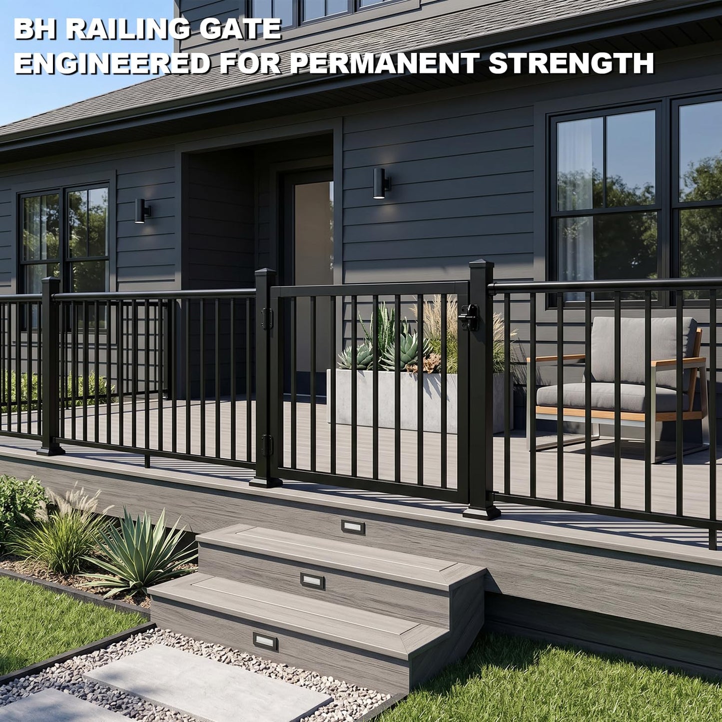 BH Railing 36" H x 40" W Heavy Duty Aluminum Picket Gate Kit – Modern Minimalist Design, AAMA 2604 Powder-Coated Textured Black, Rust & Corrosion Resistant, Maintenance-Free, Easy Installation