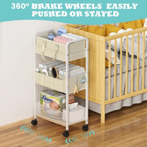 2In1 Baby Diaper Caddy & 3-Tier Rolling Cart, Diaper Caddy Organizer Carts with Dividers, Mobile Metal Utility Cart for Nursery Essentials, Detachable Bedside Cart, Large Capacity, White