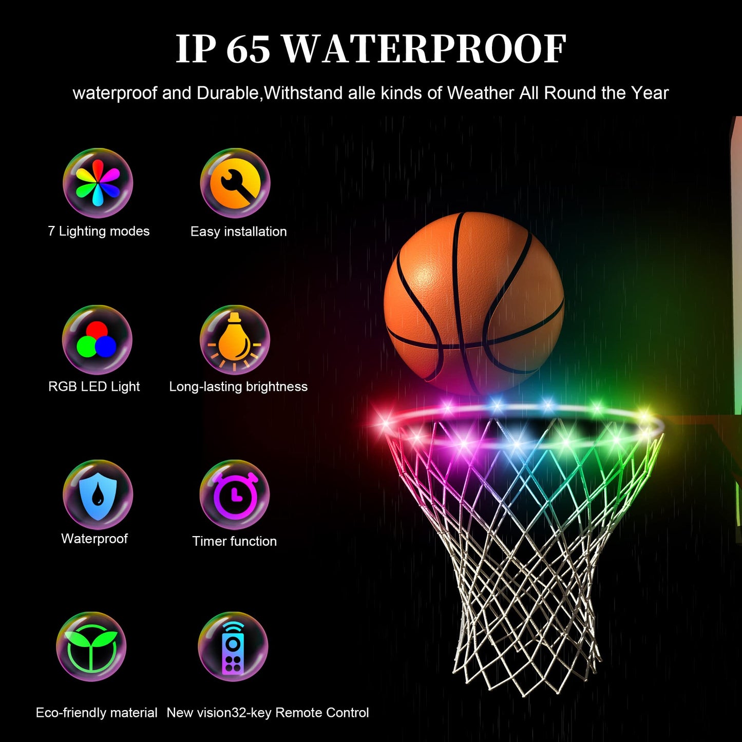 Ajerg LED Basketball Hoop Lights - Outdoor Rim Lights with 16 Colors, 7 Modes, Waterproof, Perfect for Adults Training and Games