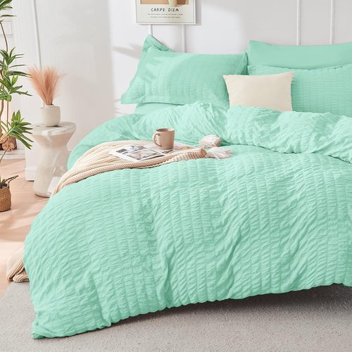 HYMOKEGE California King Comforter Set - Mint Green Seersucker 7-Piece Luxury Bedding Set