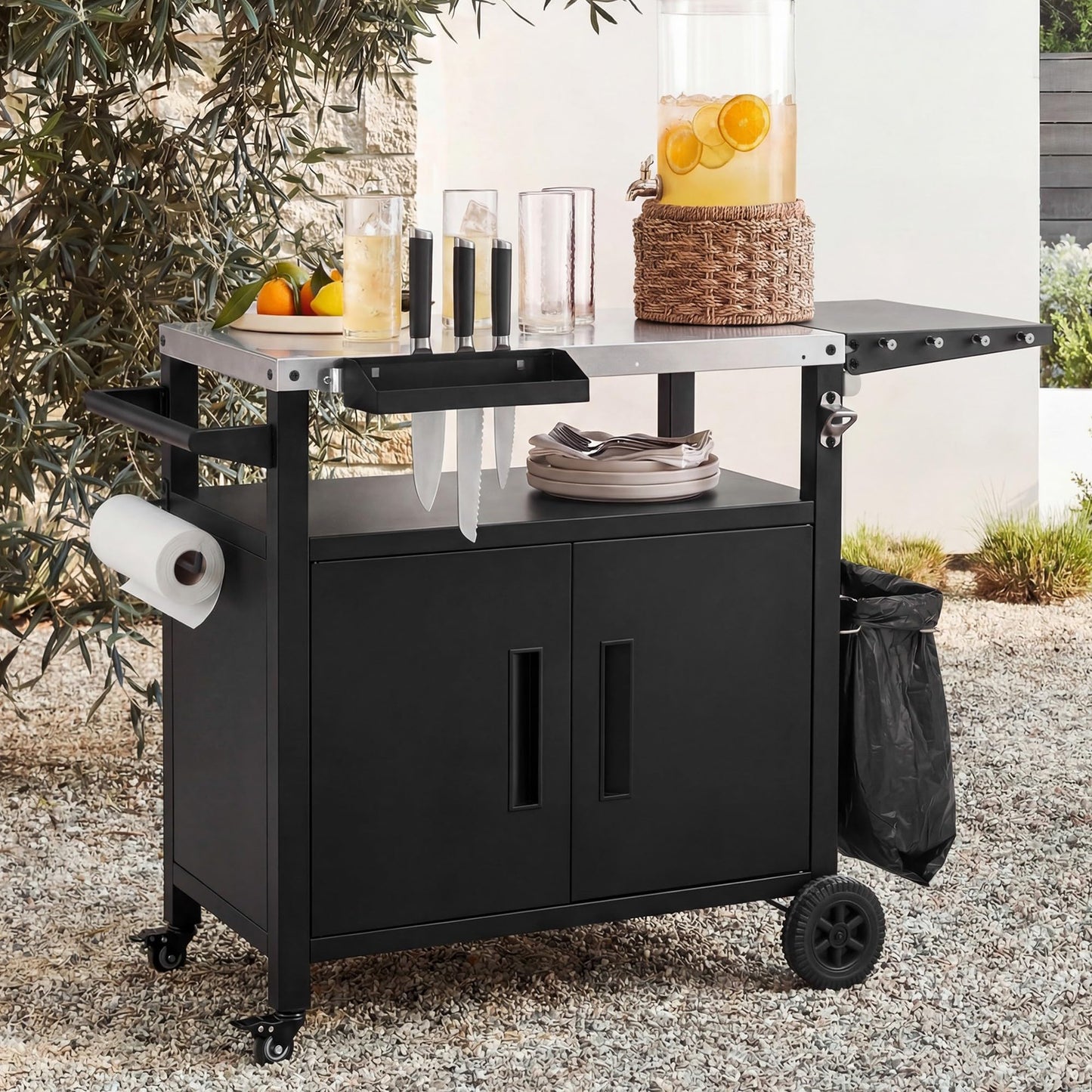Polibi Outdoor Grill Cart with Storage Cabinet, Stainless Steel Top BBQ Island with Foldable Table & Wheels, Pizza Oven Table with Hooks & Spice Rack, Waterproof Cover Included