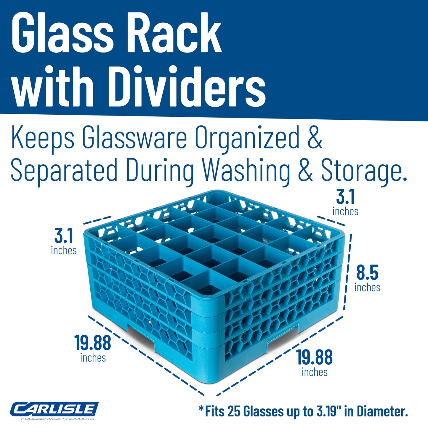 Carlisle FoodService Products OptiClean 25-Compartment Glass Racks With 3 Extenders for 3.19" Cups – Glass Racks for Restaurants Scratch-Resistant Texture, Blue, (Pack of 2)