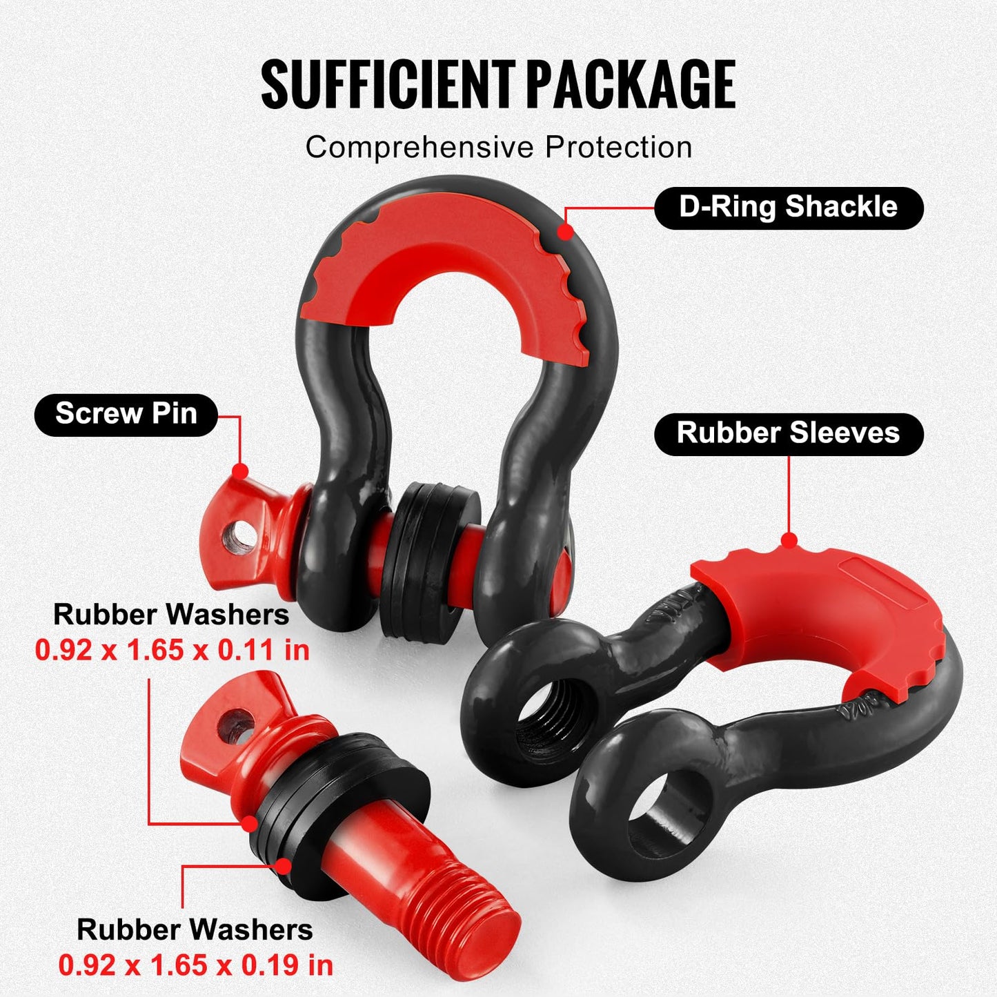 VEVOR 3/4" D Ring Shackle, Black Shackles for Truck with 7/8” Screw Pin 62832 lbs (28.5 Ton) Break Strength Red Isolator Washers Kit, Winch Towing Shackle for Truck Jeep Heavy Duty Off Road Recovery