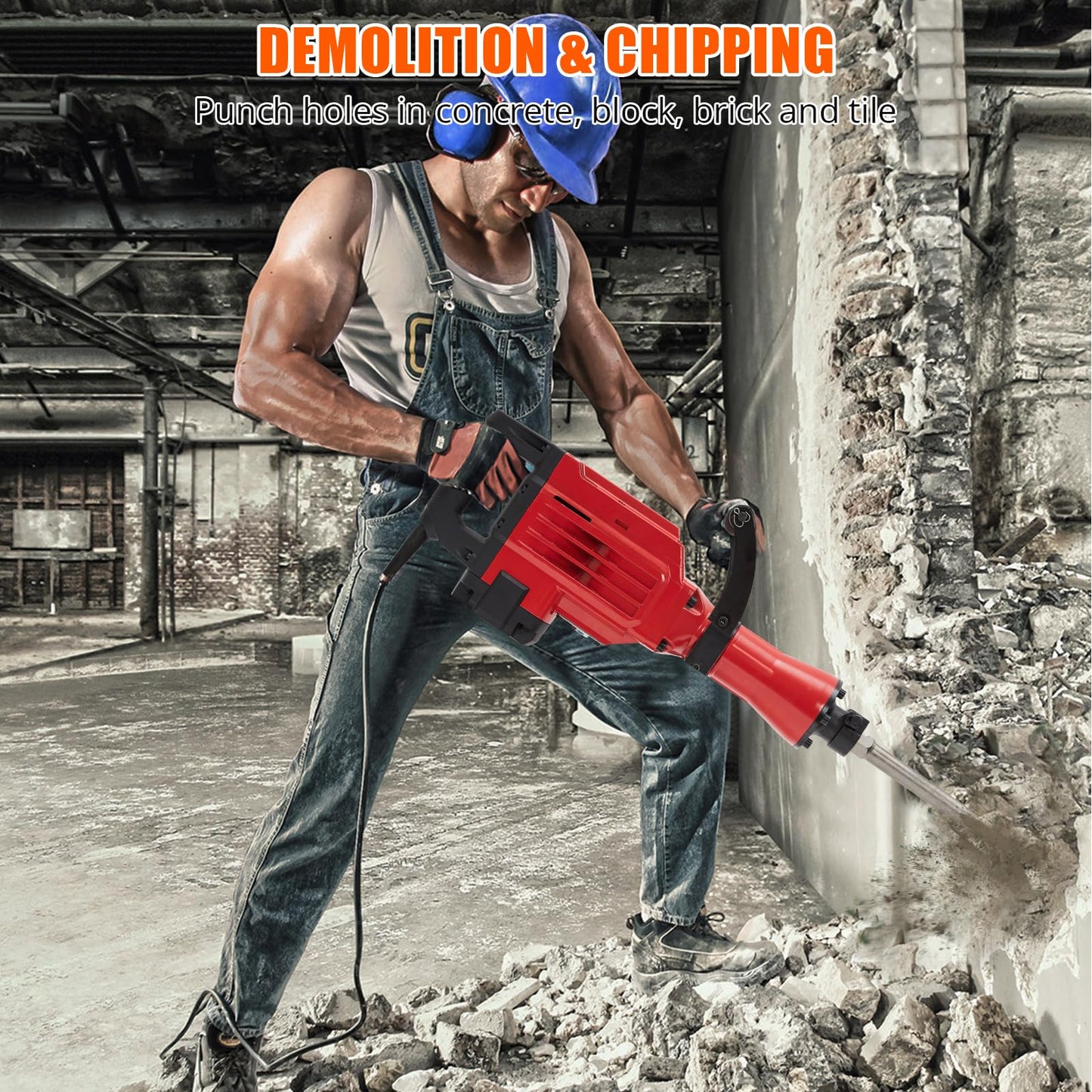 3600W Demolition Jack Hammer Metal Concrete Breaker Jack Hammer Electric Tool Kit, 6pcs Chisels Bit Set W/Case, Noise-Canceling Earplug, Shoulder Strap