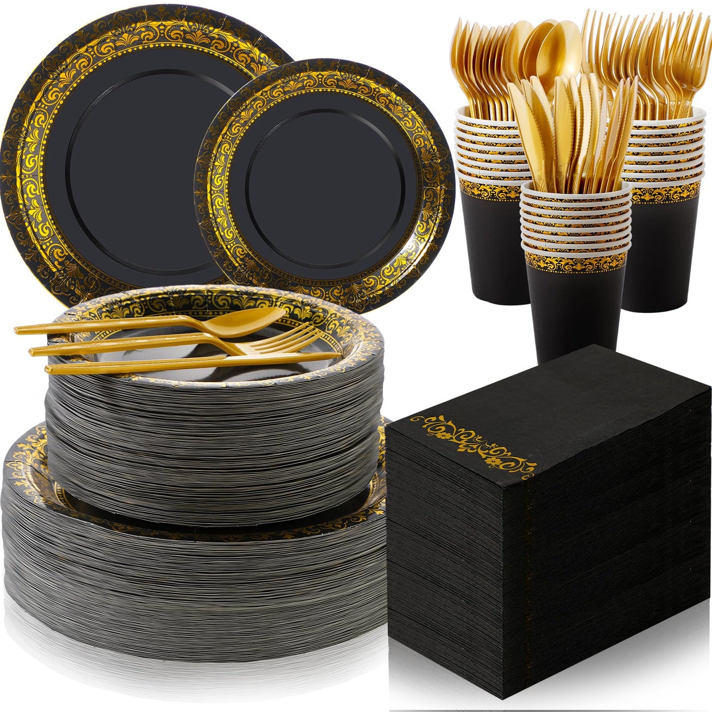 Didaey 700 Pcs Disposable Dinnerware Set for 100 Guests Include 200 Paper Plates, 300 Plastic Silverware, 100 Paper Cups, 100 Napkins for Wedding Birthday Party Supplies(Black Gold Pattern)