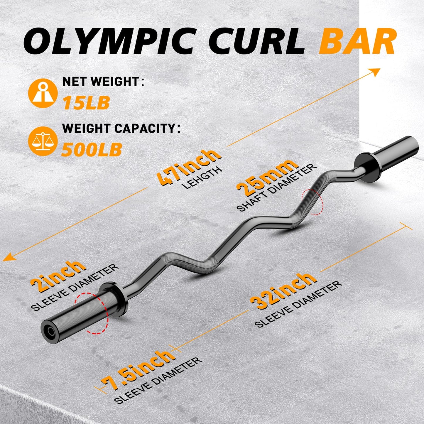 Olympic EZ Curl Barbell Bar 47", 2-Inch Curl Bars for Weight Lifting,Hip Thrusts,Squat,Biceps-Home Gym Chrome Curling Bar for 2 Inch Weight Plates -2 Spring Collars(500lb Weight Capacity)