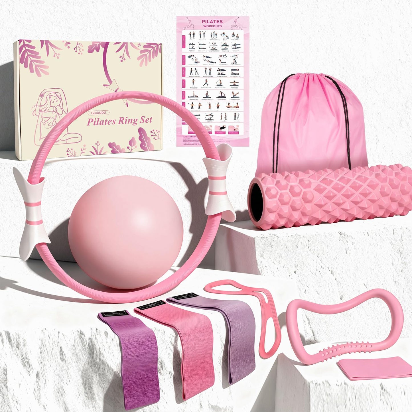 LZCDUDU Pink Pilates Ring Kit with 14 inch Magic Circle & Foam Roller, Ergonomic Home Workout Equipment Set, Full Essentials for Women Beginners - Includes Exercise Guide & Storage Bag
