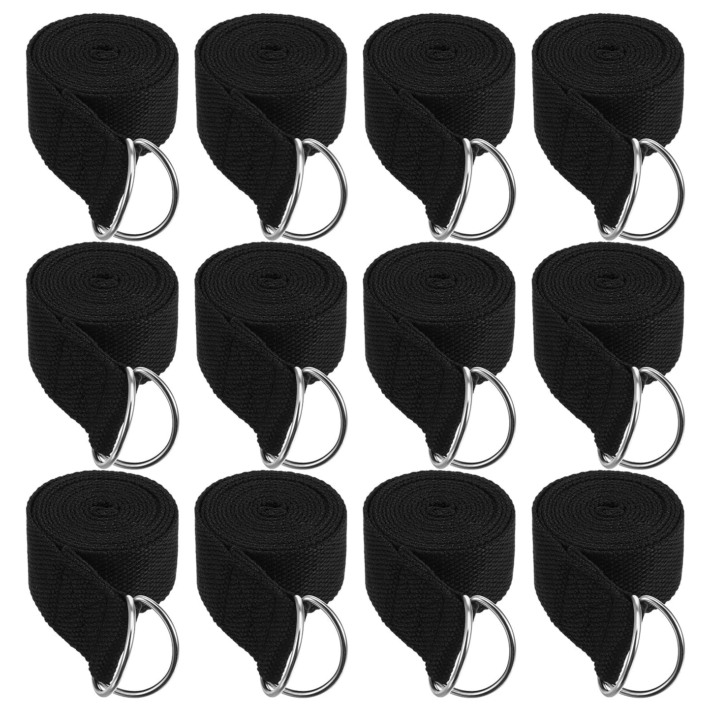 12 Pack Yoga Straps for Stretching, 6 Ft Black Exercise Bands with Adjustable D Ring Buckles for Pilates, Gym Fitness, Flexibility Training, Men Women