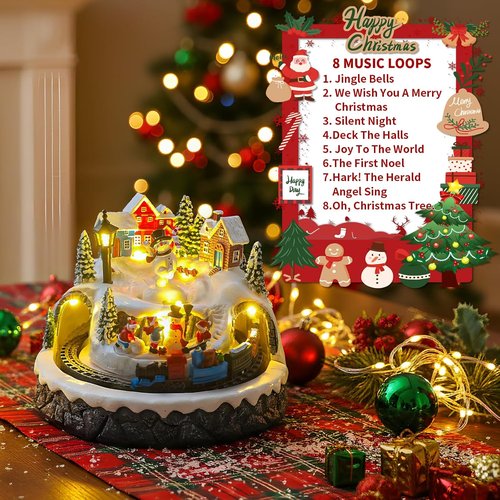 Christmas Village Decoration - Spinning Train & Snowman Musical Collectible with LED Lights | 8 Songs & Timer Function