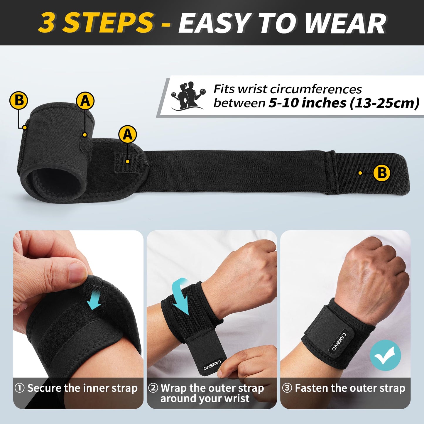 CAMBIVO Wrist Wraps for Men and Women 2 Pack, Adjustable Compression Wrist Brace for Carpal Tunnel, Wrist Support, Pain Relief, Lifting Straps Wrist Bands for Fitness, Weightlifting, Gym Workout