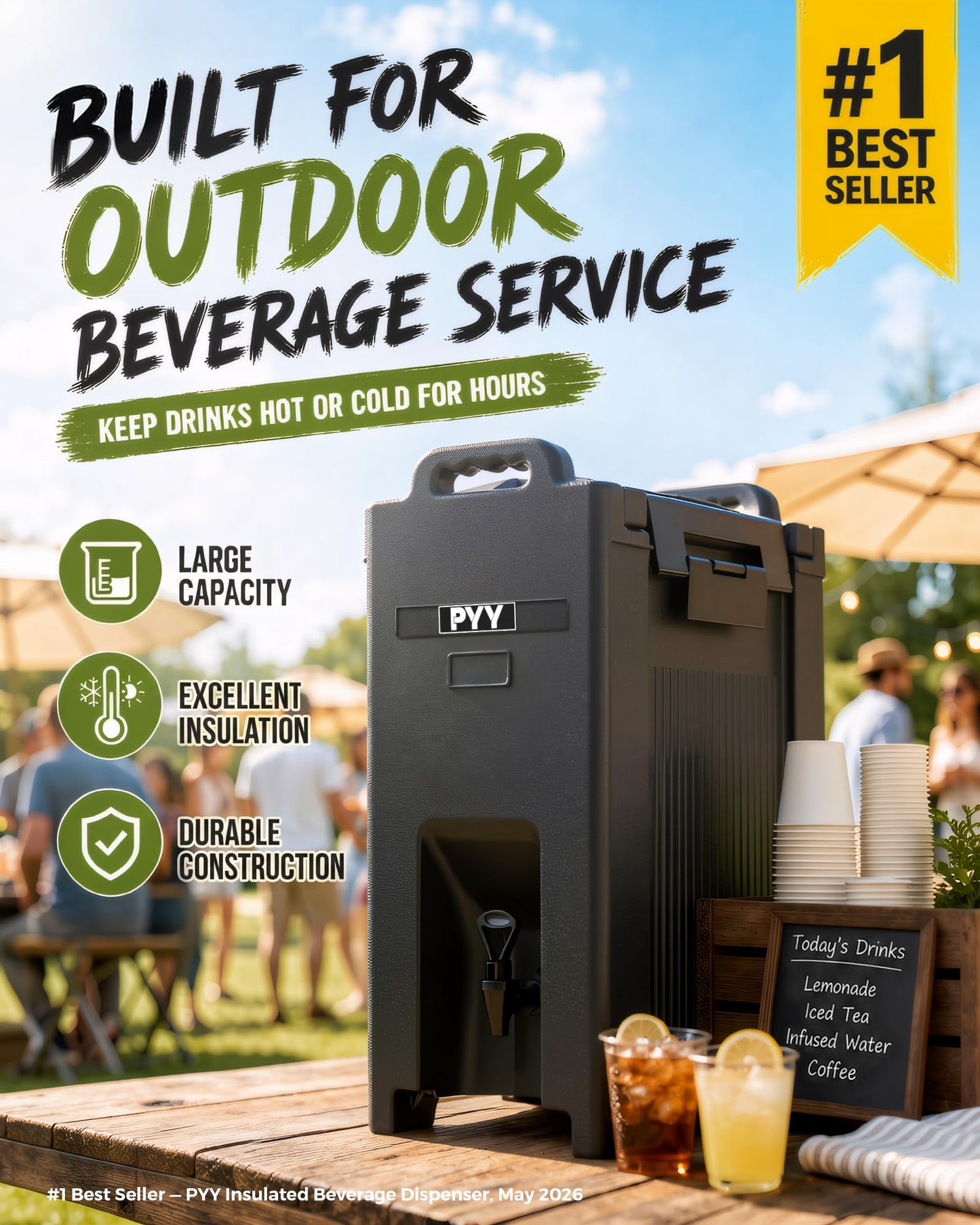 PYY Insulated Beverage Dispenser 5 Gallon - Hot and Cold Drink Container with Handles, Thermal Drink Dispenser Cooler Server carrier For Commercial Catering Black