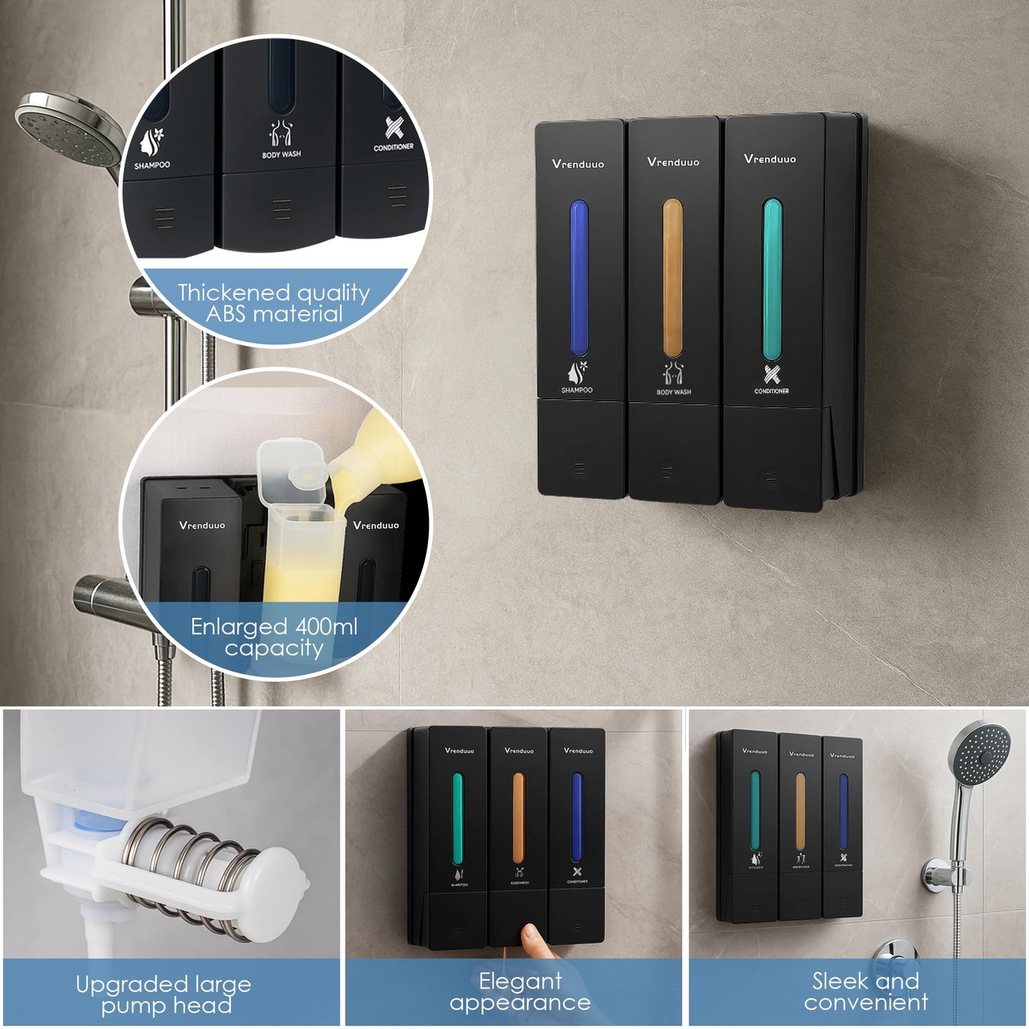 VrEnduuo Shampoo and Conditioner Dispenser,Shower Dispenser 3 Chamber No Drill,Shower Soap Dispenser Wall Mounted for Bathroom Hotel with Upgrade Pump Head,3 * 400ml(Black 3 Chamber)