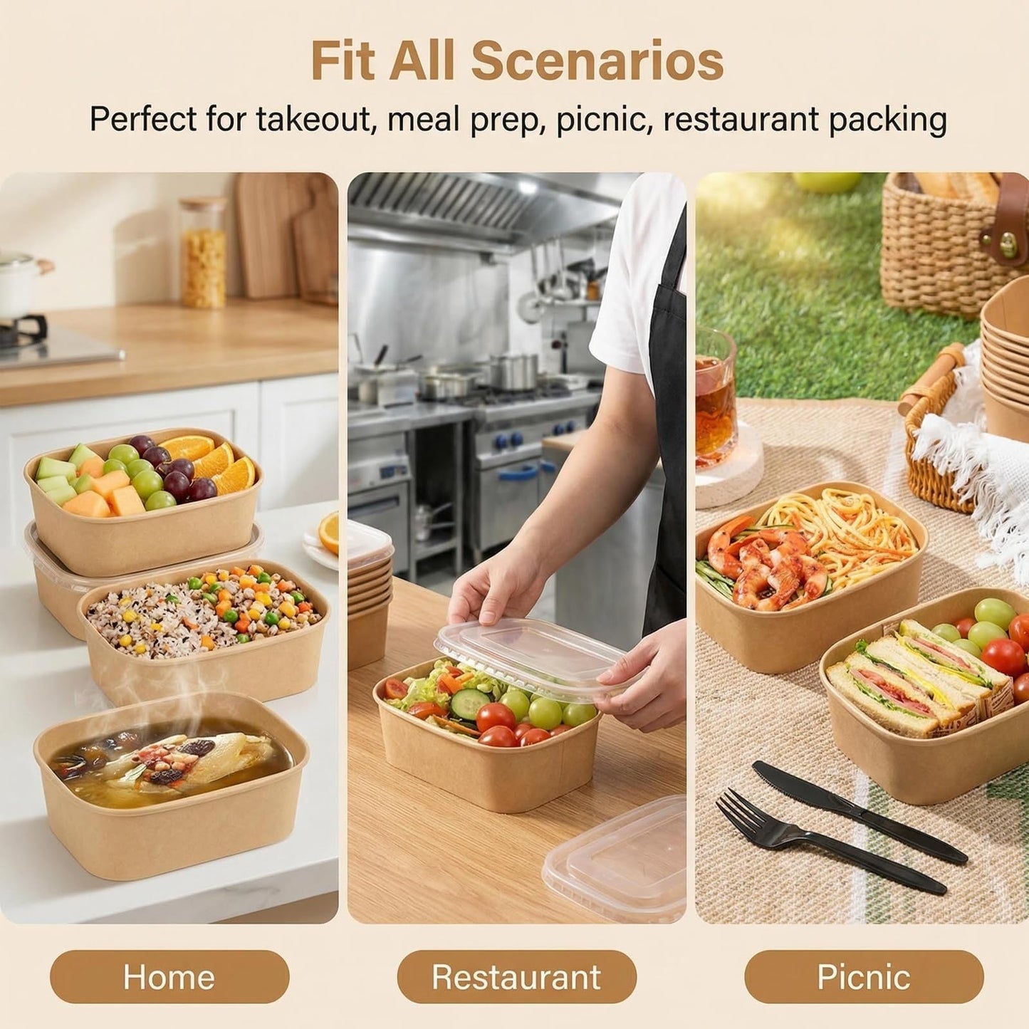 Peseojiar 50 Pack Disposable Meal Prep Containers, 25oz Disposable Large Paper Bowls with Lids and Forks for Salad, Noodles, Freezer and Microwavable Storage Use Cardboard Food Containers