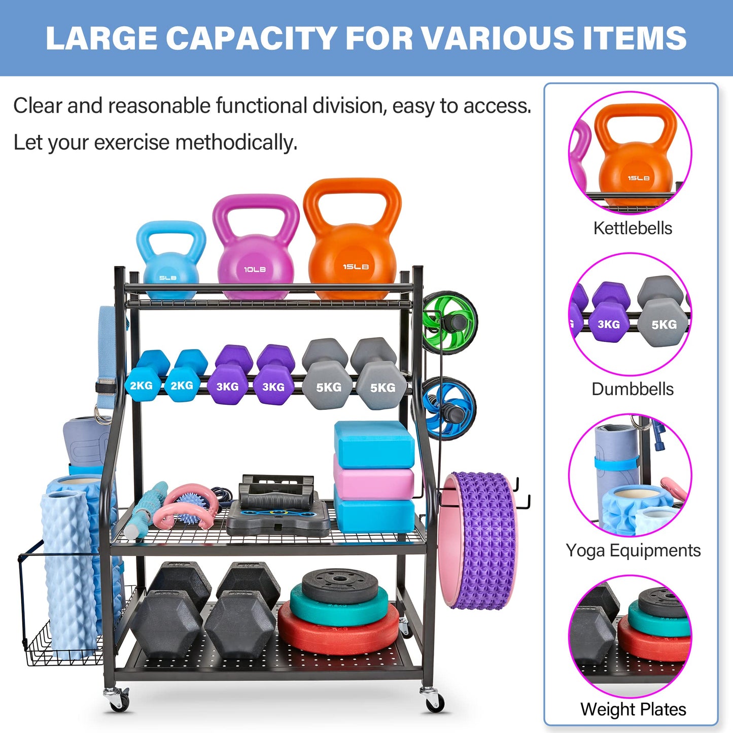 NBTORCH Dumbbell Rack - Weight Rack for Dumbbells, Home Gym Storage Rack for Yoga Mat, Dumbbells and Kettlebells, All in One Workout Equipment Storage with Caster Wheels (Hold Up to 450 Lbs)