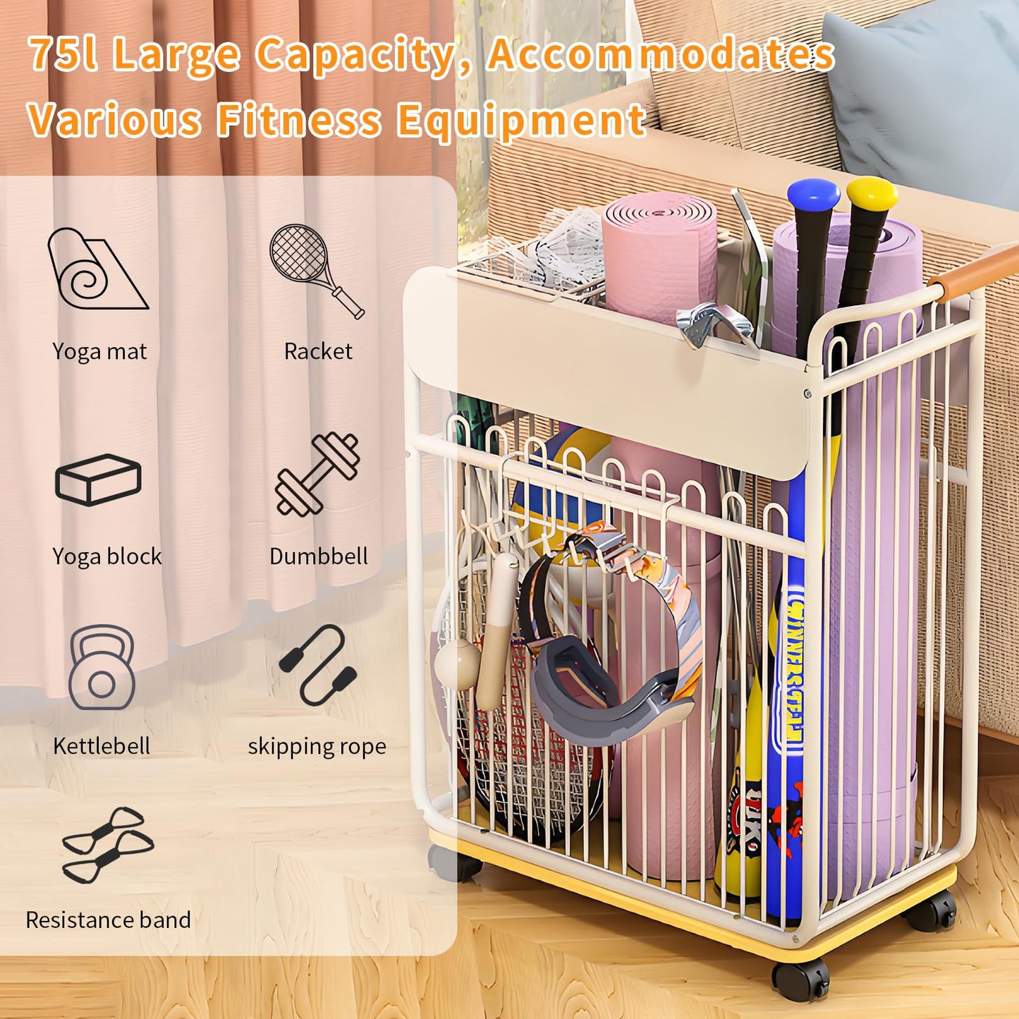 GKBRSU Yoga Mat Storage Rack with Wheels, Home Gym Organizer for Yoga Mats Foam Rollers Dumbbells Towels, Metal Rolling Workout Equipment Storage Rack with Handles and Basket (White, 20×11×24 in)