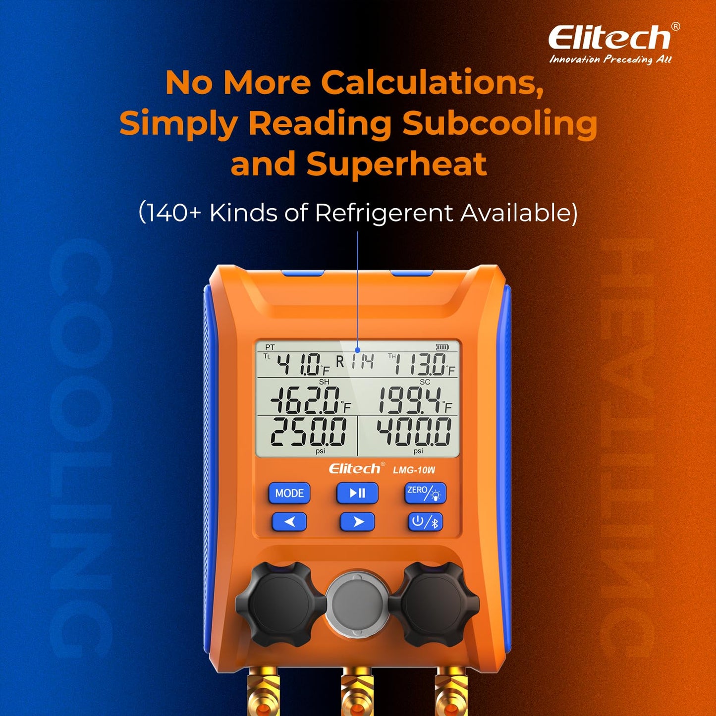 Elitech Wireless Digital Manifold Gauge Set Data Logging Refrigerant HVAC Gauges with Hoses, Temperature Clamps, LMG-10W