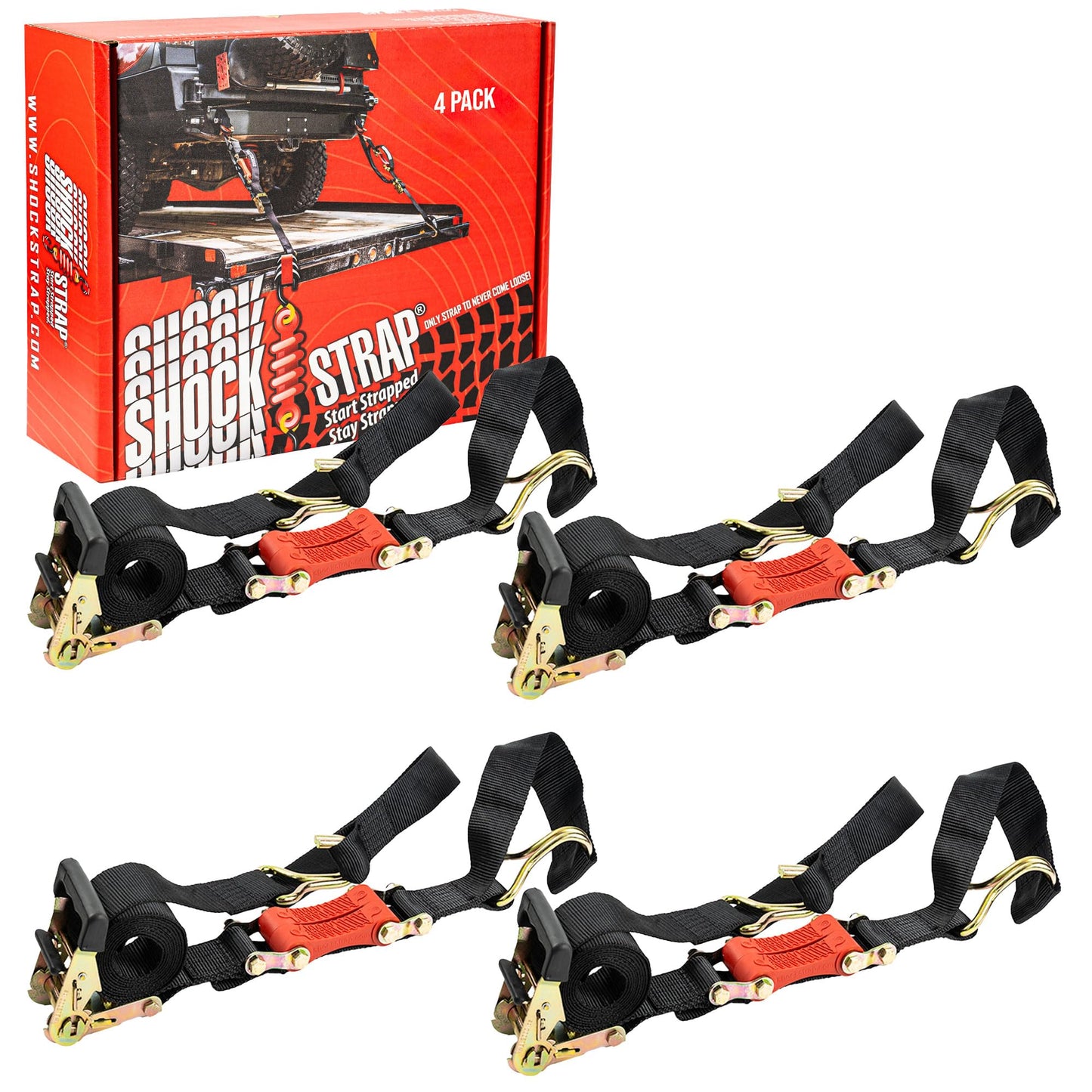 SHOCKSTRAP Ratchet Strap, 9' x 2" Shock Absorbing Heavy Duty Tie downs for Cargo, 2,000 LB WLL / 6,000 LB Break Strength, 4-Pack