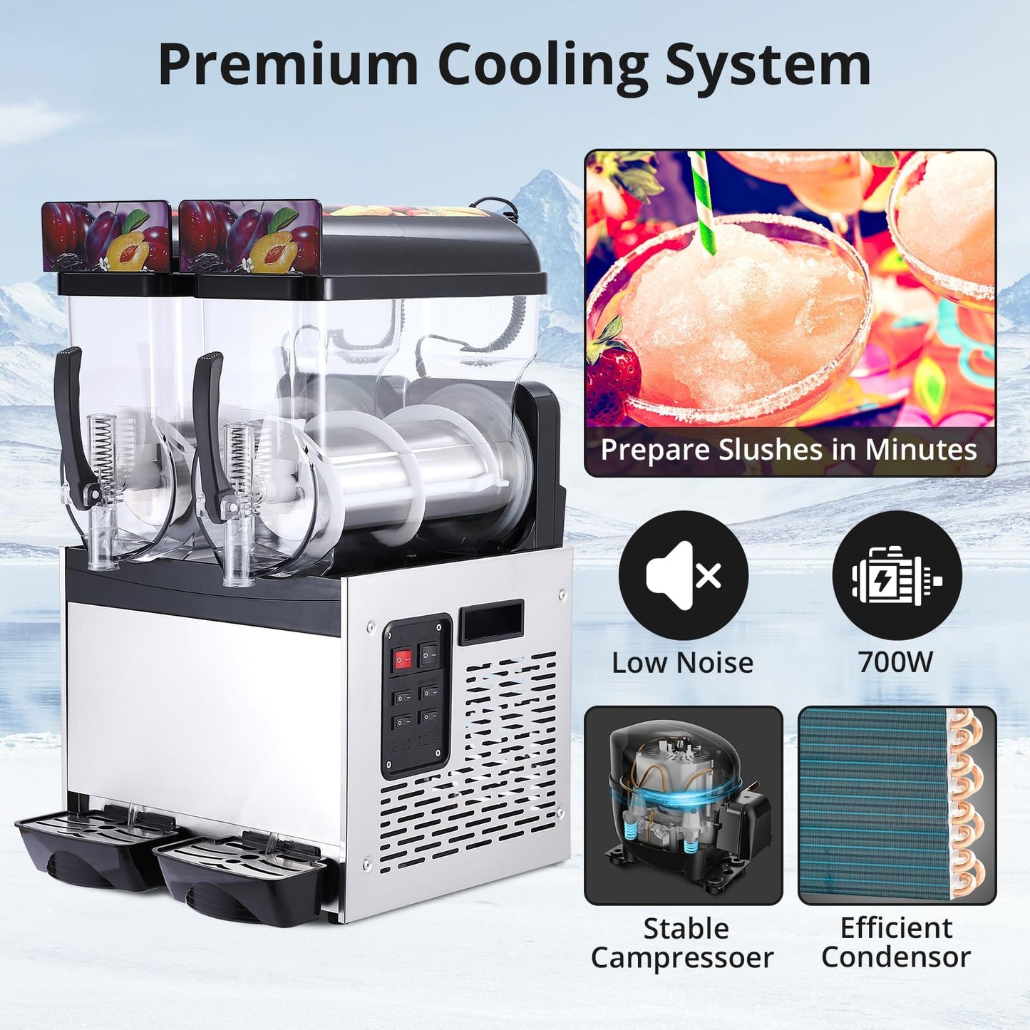 GarveeHome Commercial Slushy Machine, Stainless Steel Margarita Smoothie Frozen Drink Maker, Self-Cleaning, 700W, Perfect for Homes, Coffee Shops,Restaurants,Black,15 L*2