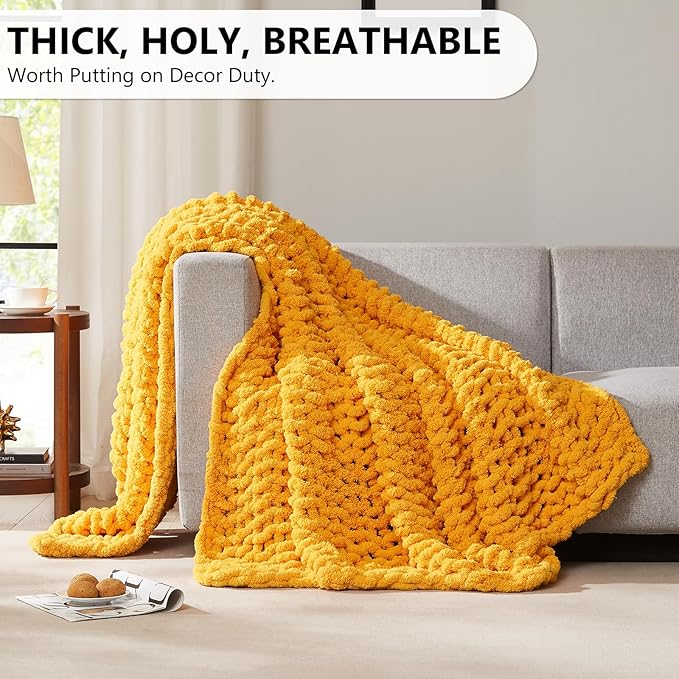 L'AGRATY Chunky Knit Blanket Throw: 72''x84'' Chenille Chunky Knitted Throw Blankets for Bed Couch - Handmade Thick Big Cable Knit Blanket - Large Crochet Rope Blankets for Home Decor(Yellow)