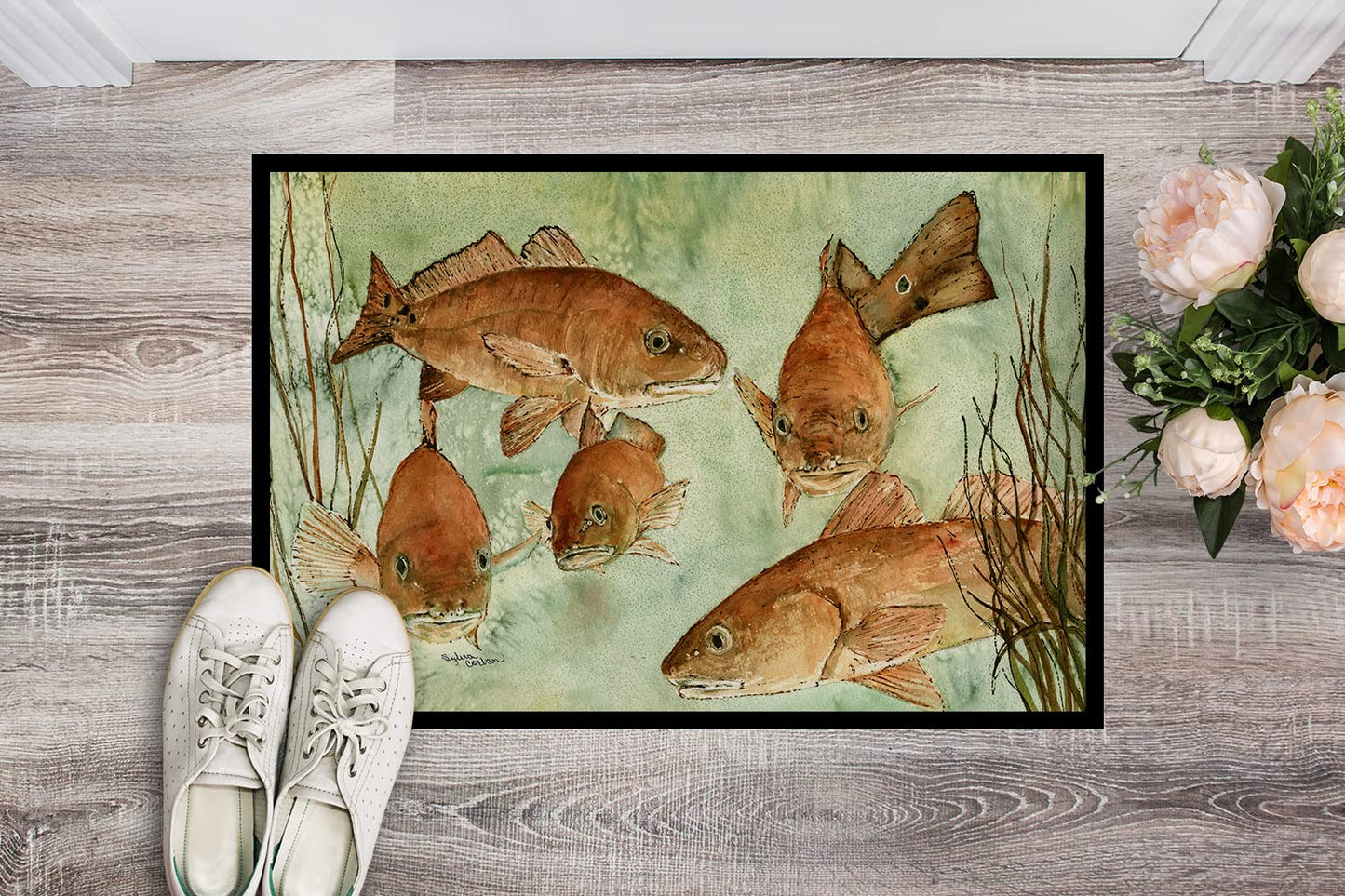 Caroline's Treasures 8983JMAT Red Fish Swim Doormat 24x36 Front Door Mat Indoor Outdoor Rugs for Entryway, Non Slip Washable Low Pile, 24H X 36W