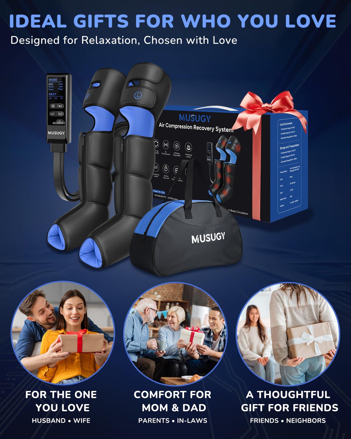 Musugy Leg Massager with Heat and Compression : Sequential Compression Boots with 6 Modes,9 Intensity and 3 Heat for Circulation and Pain Relief - Christmas Birthday for Mom, Dad, Athletes, Gym