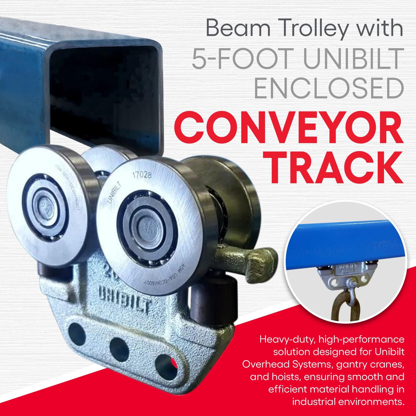 Ultimation Beam Trolley with 5-Ft Unibilt Enclosed Conveyor Track - 250LB Load Capacity per Trolley, Adjustable Steel Rollers, Industrial Hoist, Gantry Crane Lift Equipment, Metal Sliding Rail System