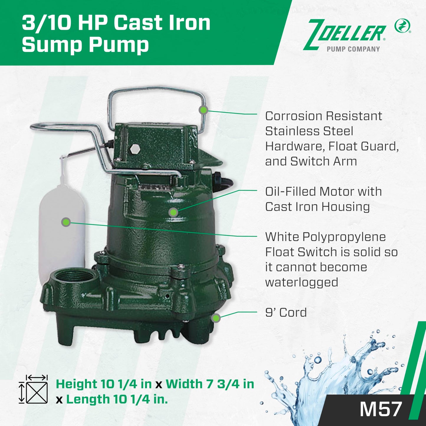 Zoeller M57 Mighty-Mate Submersible Sump Pump - 3/10 HP Cast Iron - 9′ Cord — Vertical Float - 1.5″ Discharge - Factory-Tested - Basement Sump Pump - 115V