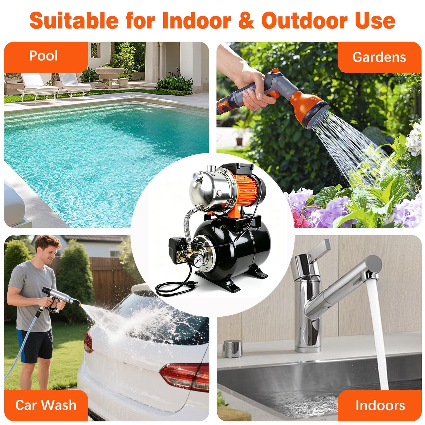 Ioboneed 1 HP Shallow Well Pump with Pressure Tank, 1000 GPH, Automatic Irrigation Water Booster Pump with 130 ft Head Lift 20/40 PSI Pressure Switch 304 Stainless Steel Pump Head for Home Garden Lawn