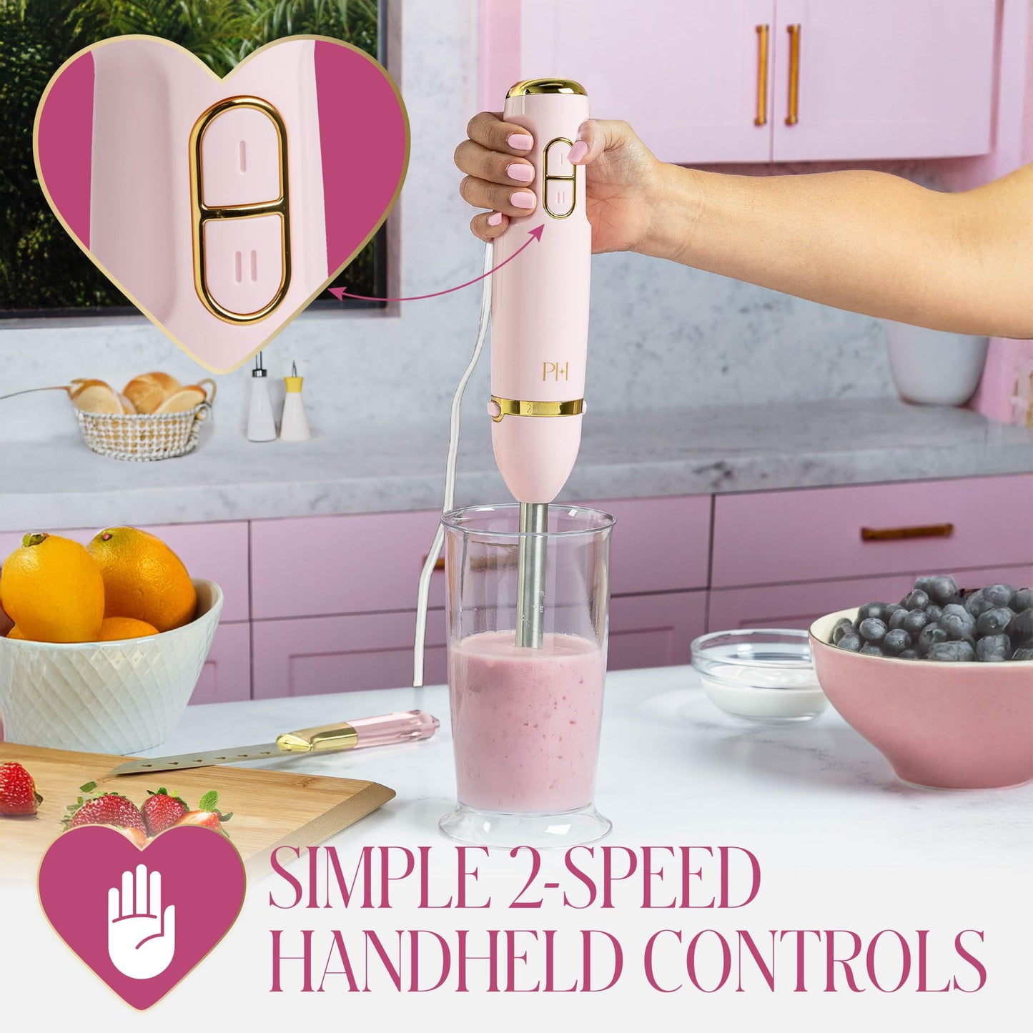 Paris Hilton Hand Blender Set, 3-in-1 Immersion Blender with Whisk, Blending & Chopper Attachments, 400W High Speed, Pink with Gold Accents – Smoothies, Soups, Sauces, Baby Food, Whipped Cream, Pink