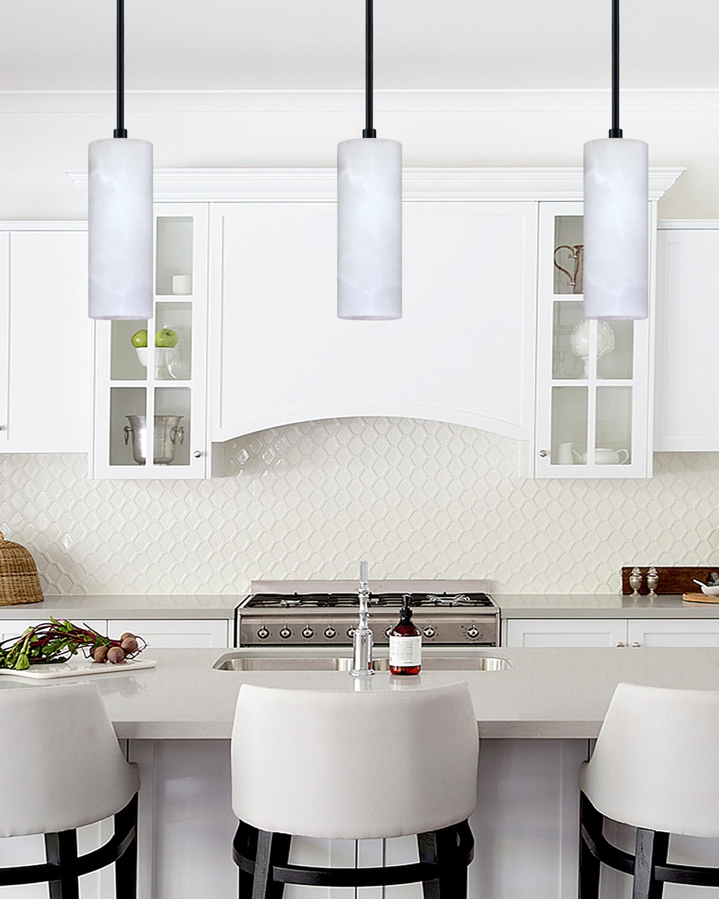 Tonabona 3 Pack 1 Light Hanging Natural Polyhedral Alabaster Marble Pendant Ceiling Light Fixture,Modern Industrial Farmhouse Kitchen Island Light Black Finish Over Sink Restaurant bar Corridor