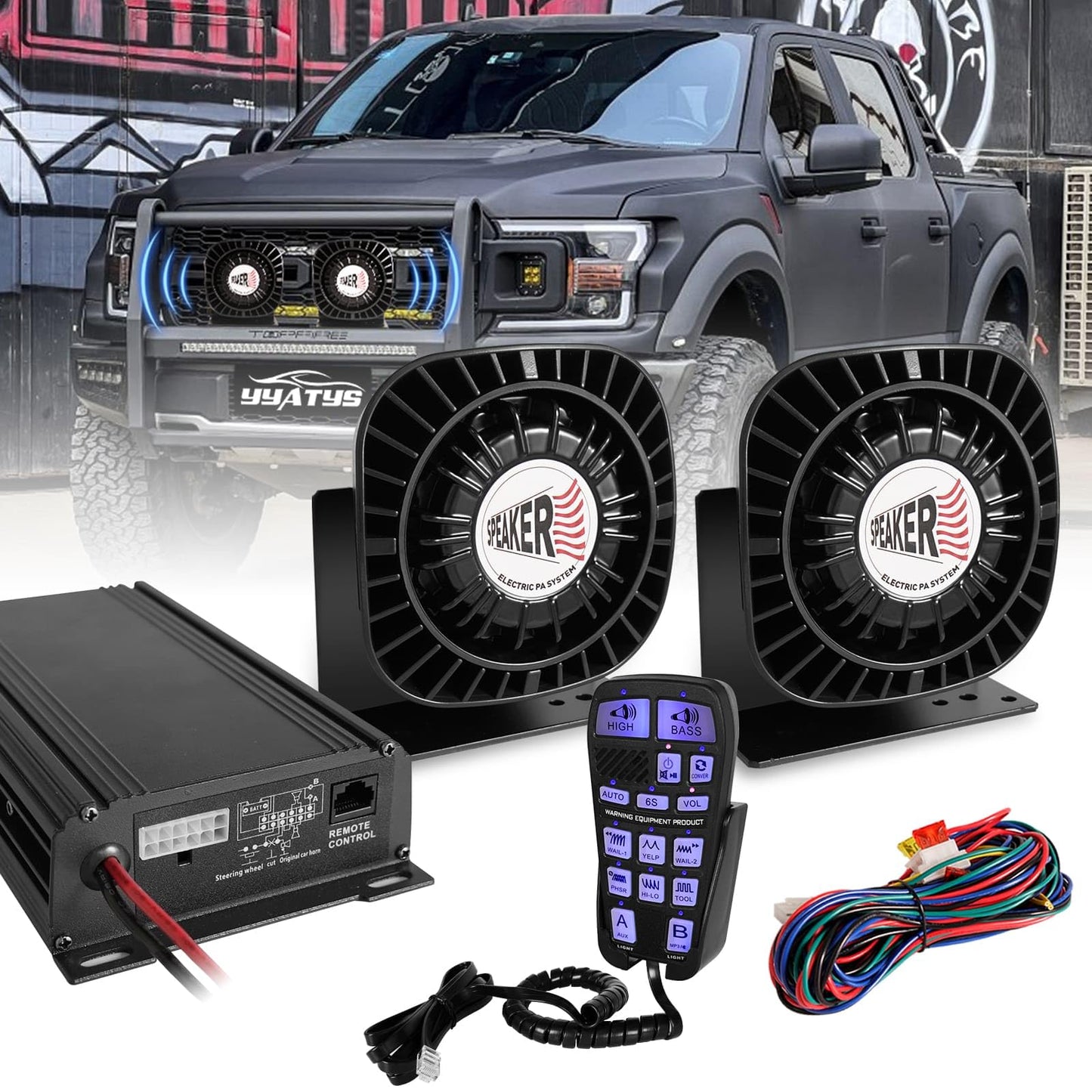 Emergency Vehicle Siren PA System, 400W Multi‑Tone Car PA System with Mic, Extra‑Slim Speaker for Tow Truck Pickup Ambulance SUVs—Police Horn for Vehicles, Car Alarm Siren