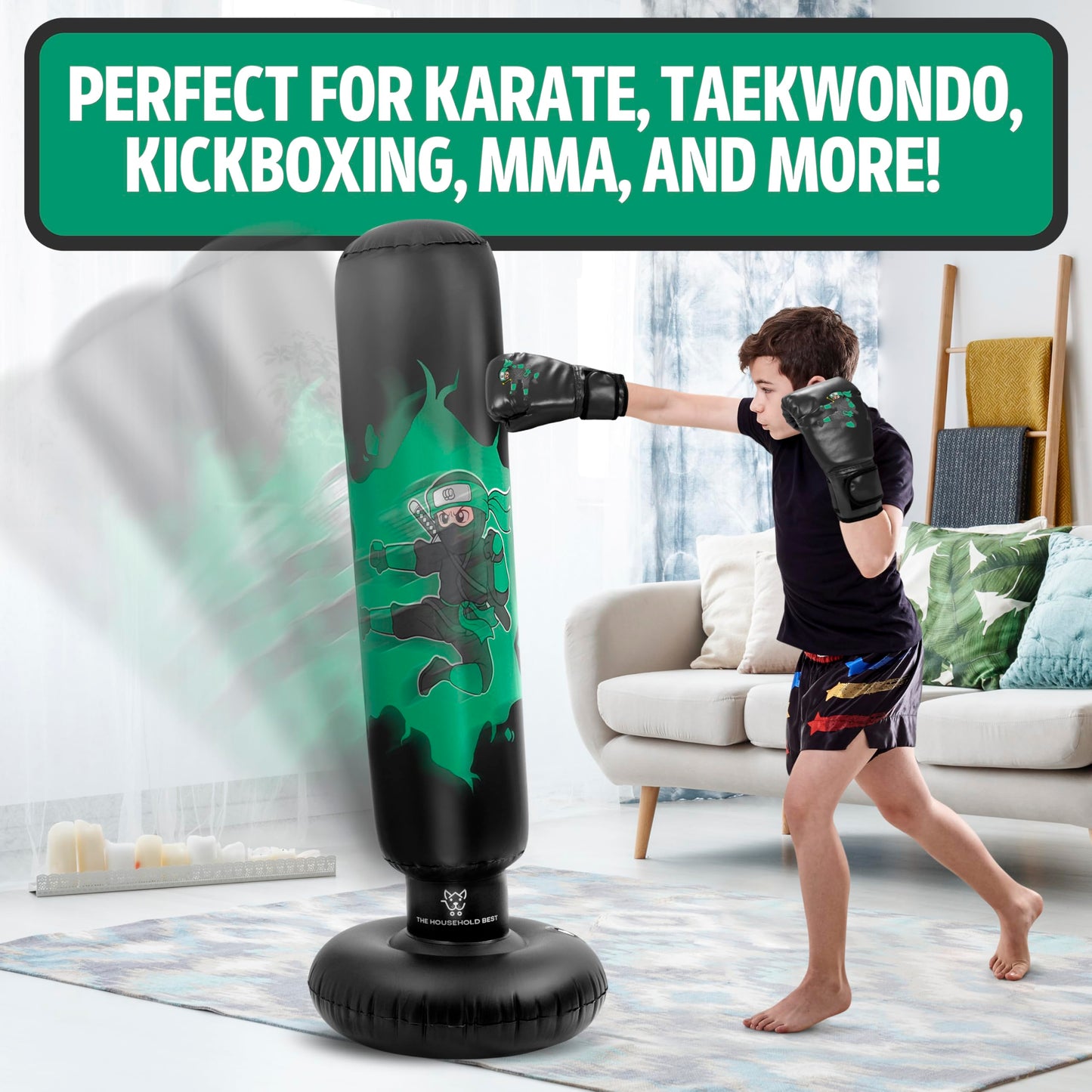 THB Inflatable Punching Bag for Kids, 63" Freestanding Ninja Boxing Bag Including Electric Air Pump with Gloves for Practicing Karate, Taekwondo, Stress Relief & Birthday for Ages 3-12