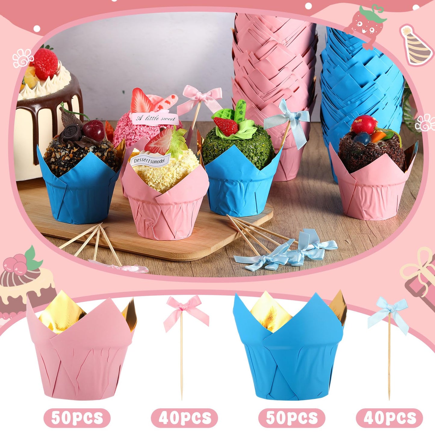 Vesici 200 Pcs Tulip Cupcake Liner for Baking Pink and Blue Tulip Baking Cups Gender Reveal Muffin Liner Greaseproof Paper Cup Wrappers Baby Shower Cupcake for Girl Boy Gender Reveal Party Supplies
