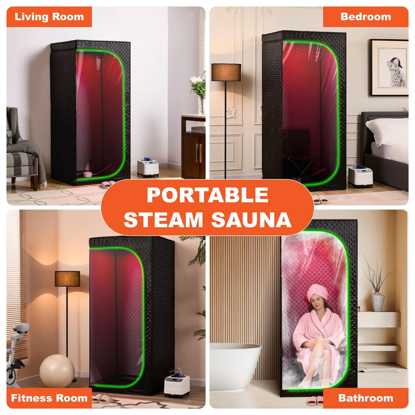 UNANEST Portable Steam Sauna Tent for Home, Infrared Sauna, Tent with Clear View Door and Red Light, Black, Full Size Square Sauna for Home, 3L Steamer, 9 Heat Levels